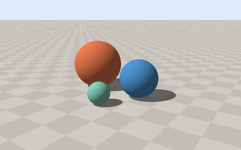 Actual C++ renderer output: coral, blue, and mint spheres casting shadows on a checkerboard ground